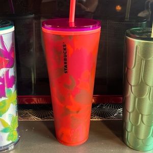 STARBUCKS Soft Touch Red Floral Tumbler Cold Cup